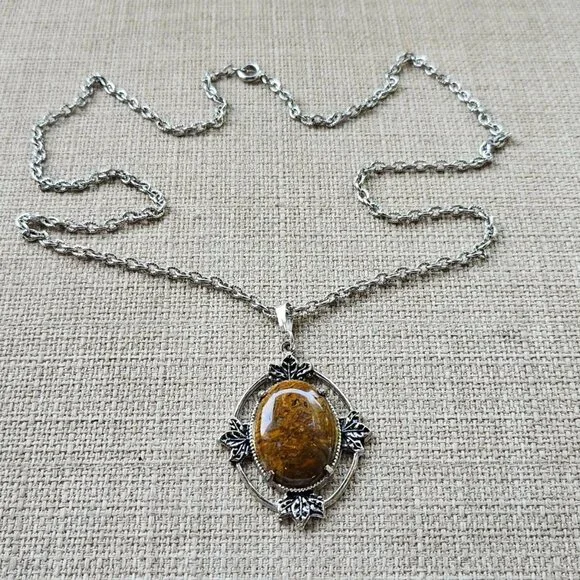 Vintage Pendant Women Necklace Brown Stone Silver Tone Chain Fashion Jewelry - Picture 7 of 12